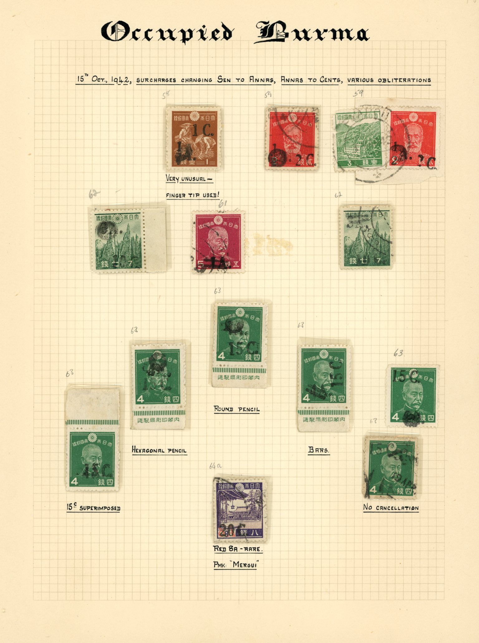 1942 'Cents' surcharges on Japan type 11 and...