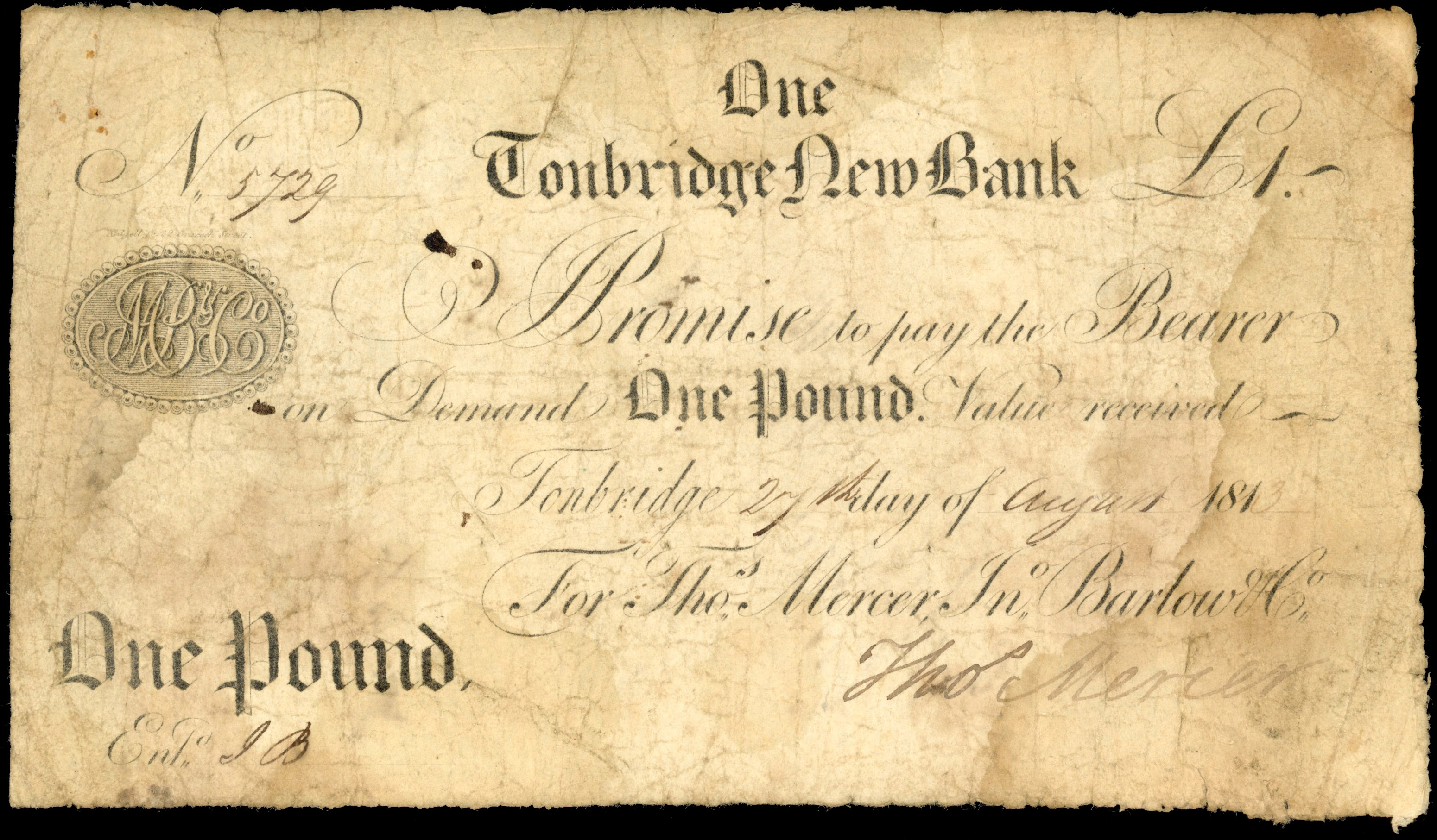 TONBRIDGE, Tonbridge New Bank, for Thos Mercer, Jno Barlow & Co, £1.,3 May 1813, serial number 5729, Thos Merc…