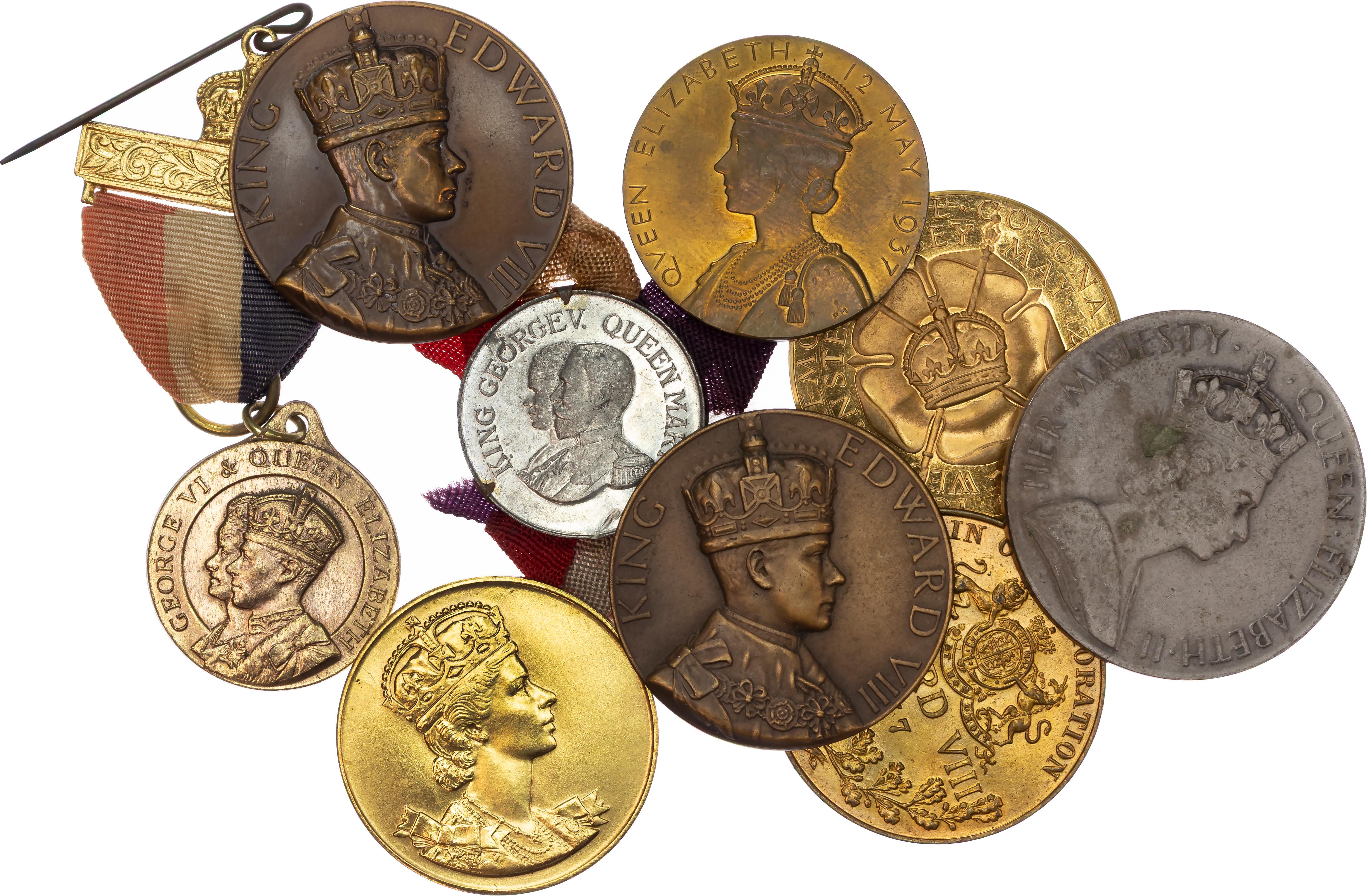 George V (1), Edward VIII (3), George VI (2), Elizabeth II (3), Group of Coronation medals and medalets in WM and AE.