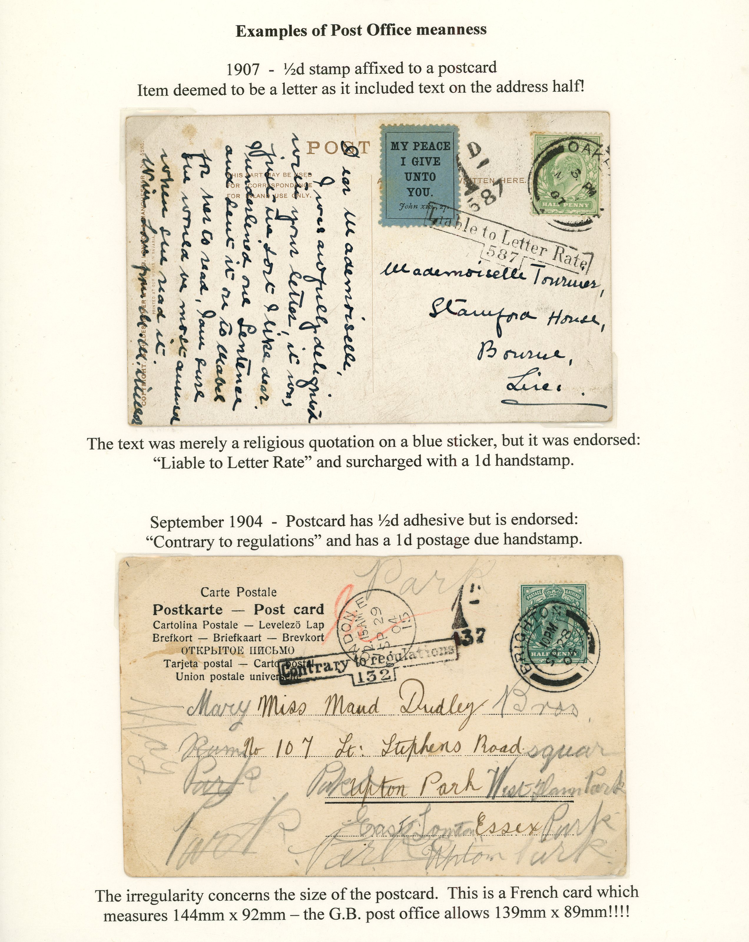 Great Britain postage due cover selection with a range of instructional...