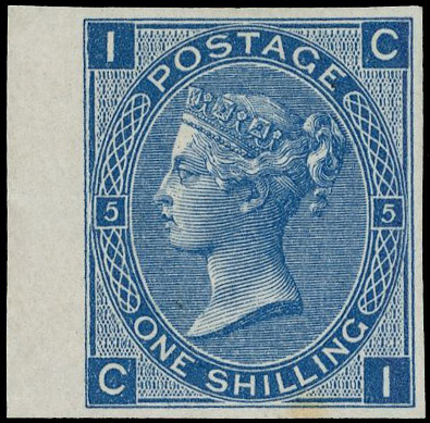 1871 1s Green Pl.5. Very fine imperforate colour trial in blue with wing margin at left lettered CI, printed on white wo…