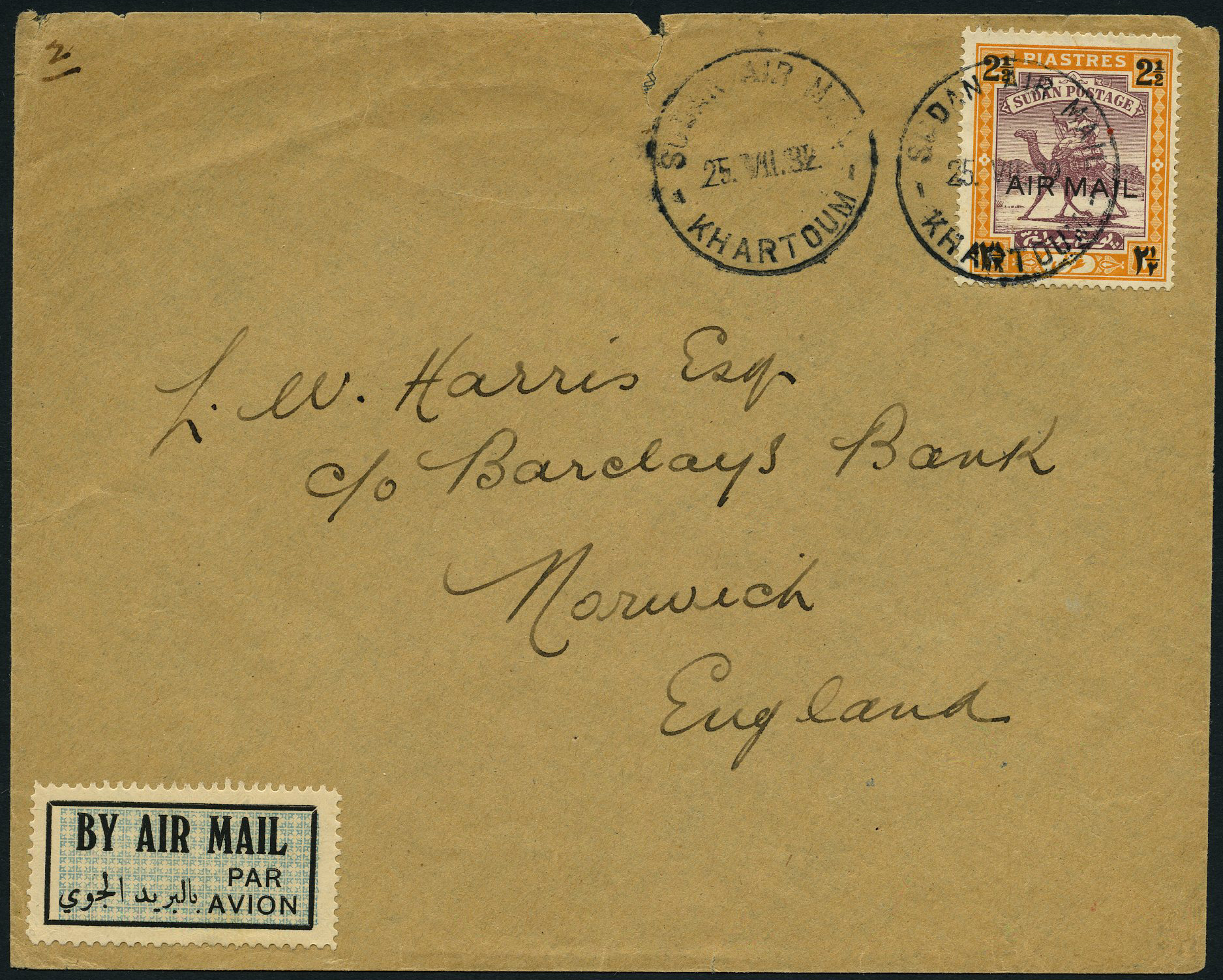 1932 Air mail cover addressed to Norwich...