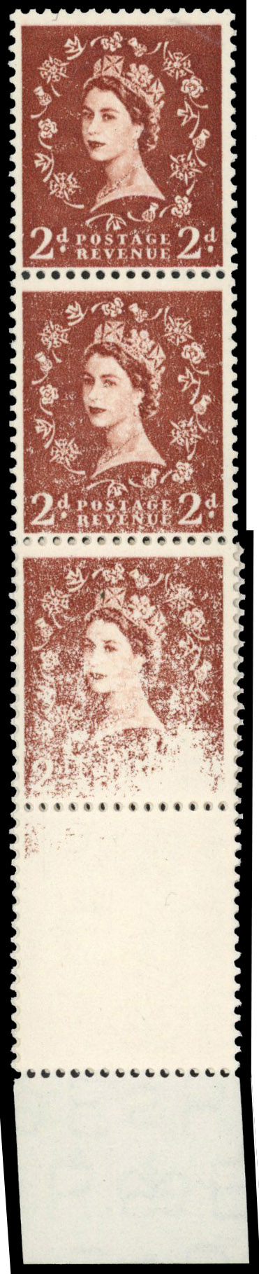 1955-58 St Edward's Crown 2d red-brown, lower marginal vertical strip of ten showing spectacular dry print