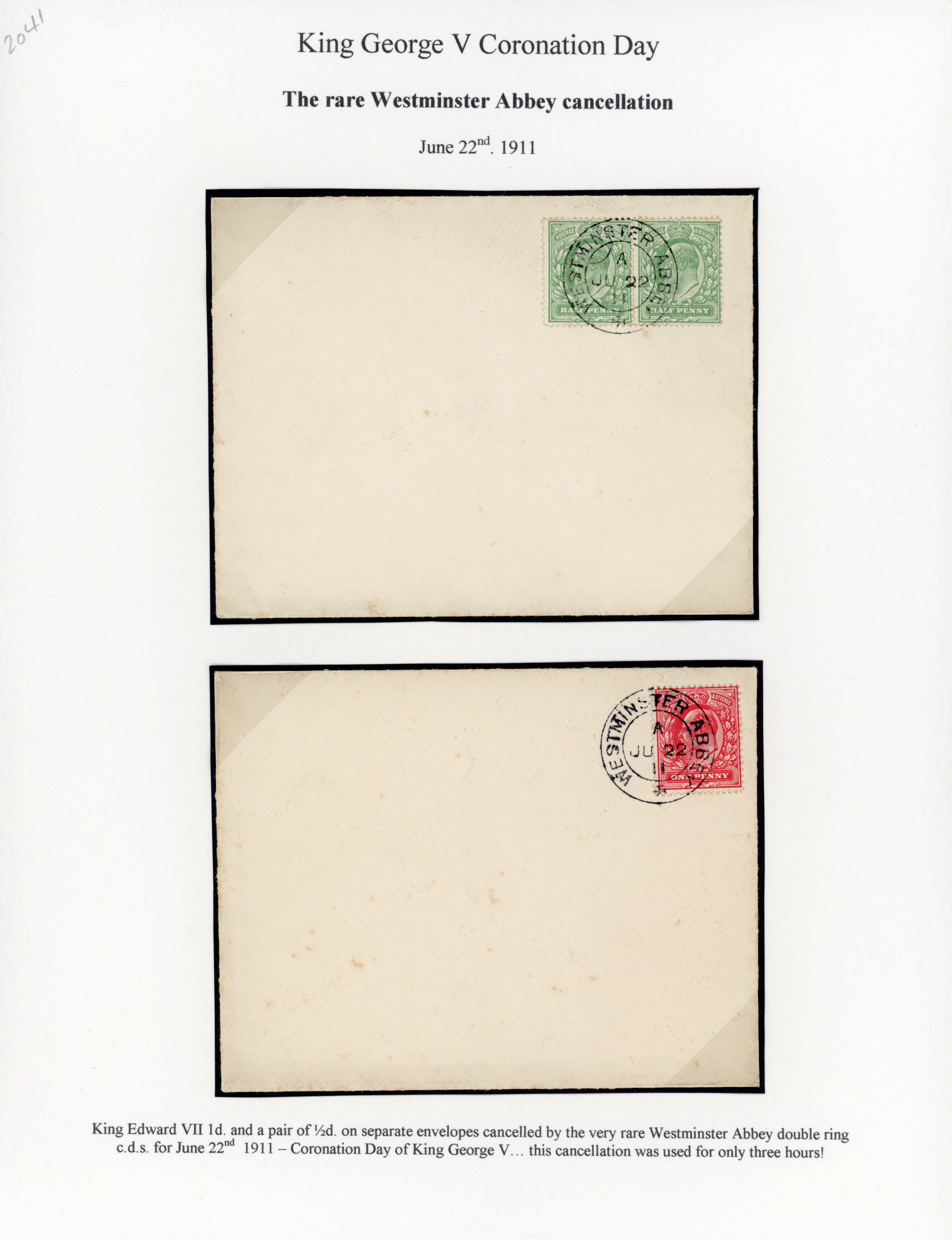 1911 ½d Dull green & 1d Rose-red. Two envelopes Westminster Abbey datestamps, rare.
