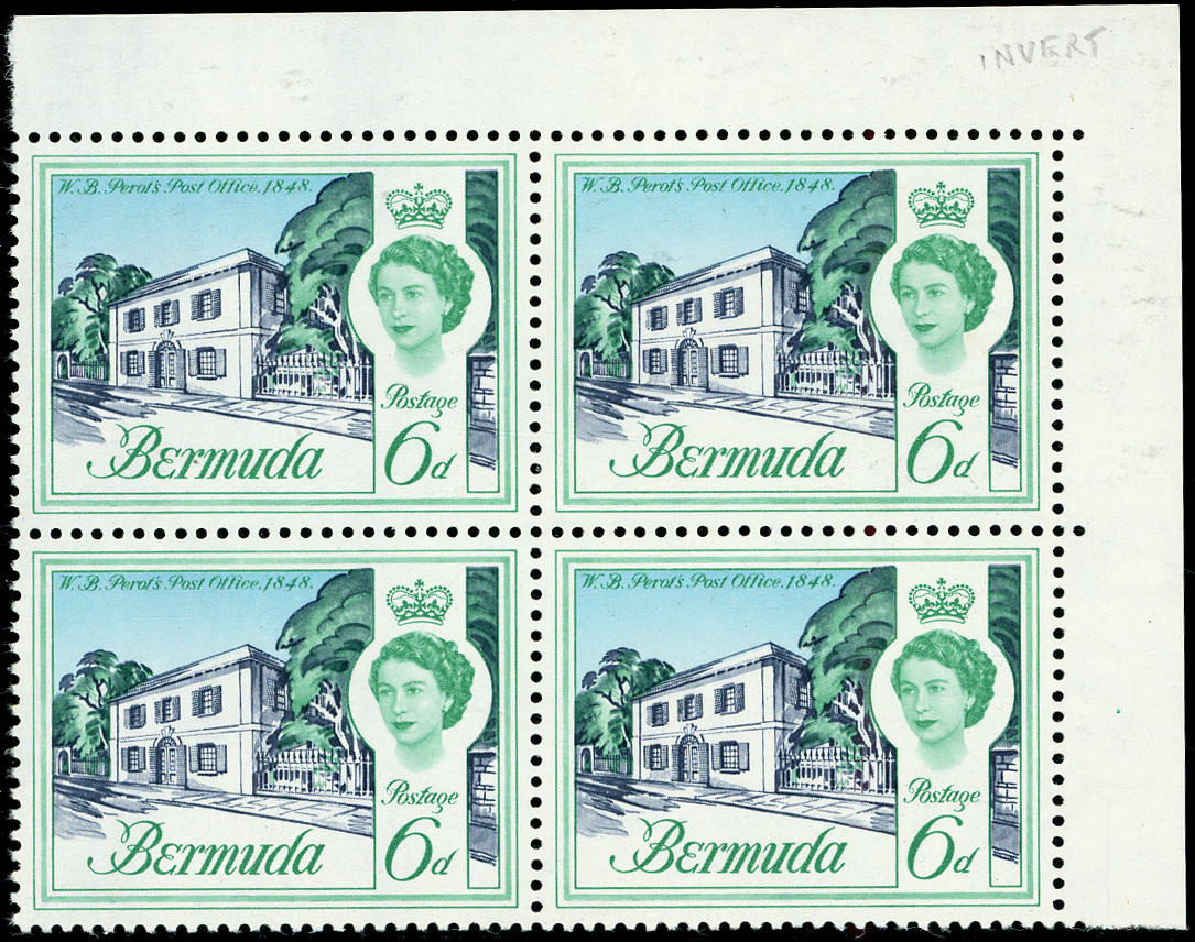 Bermuda 1962 Buildings 6d Perot Post Office variety watermark inverted block of 4, SG 168w Mint 