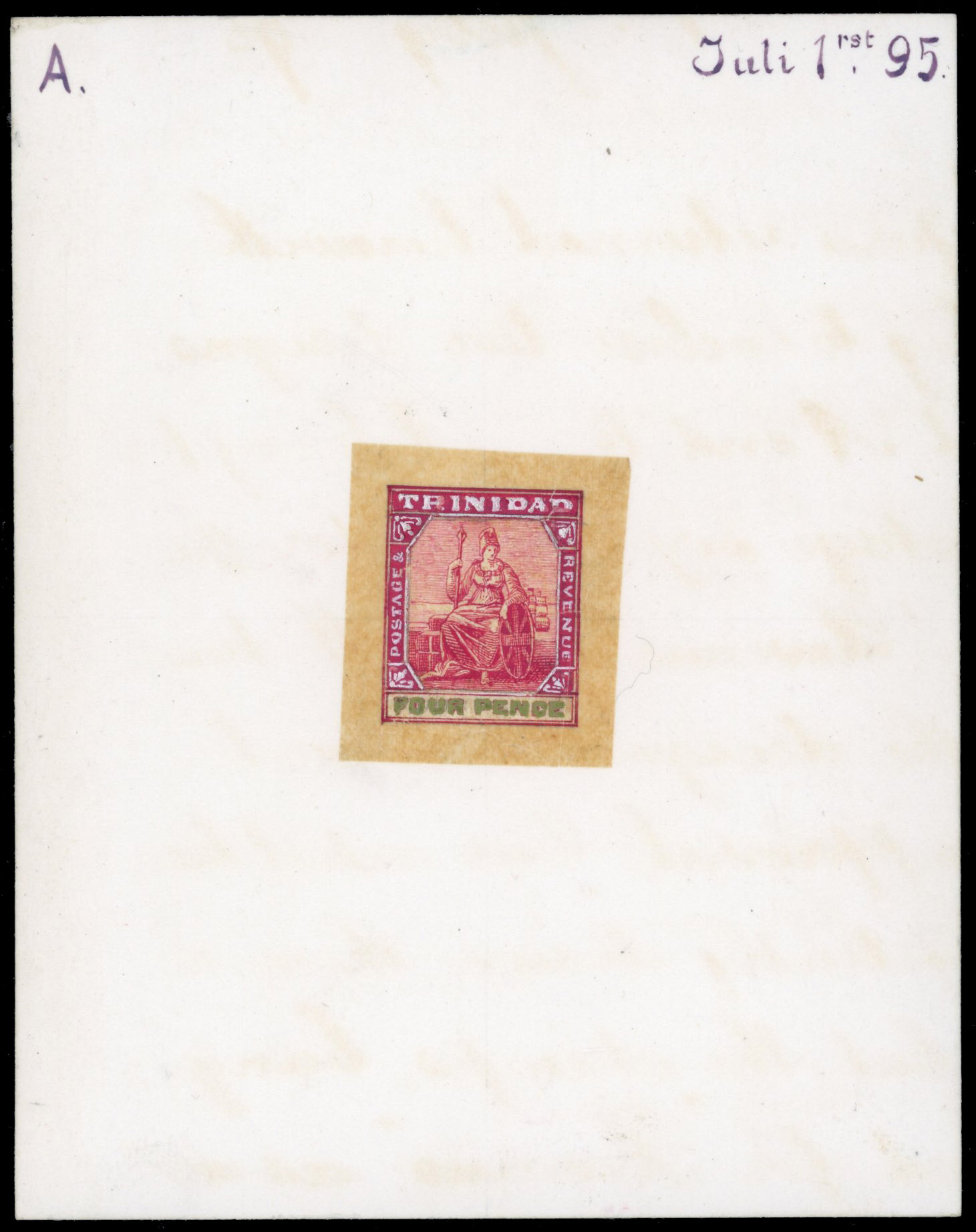 Trinidad 1896-1906 hand-painted essay of the 4d Britannia in an unissued design