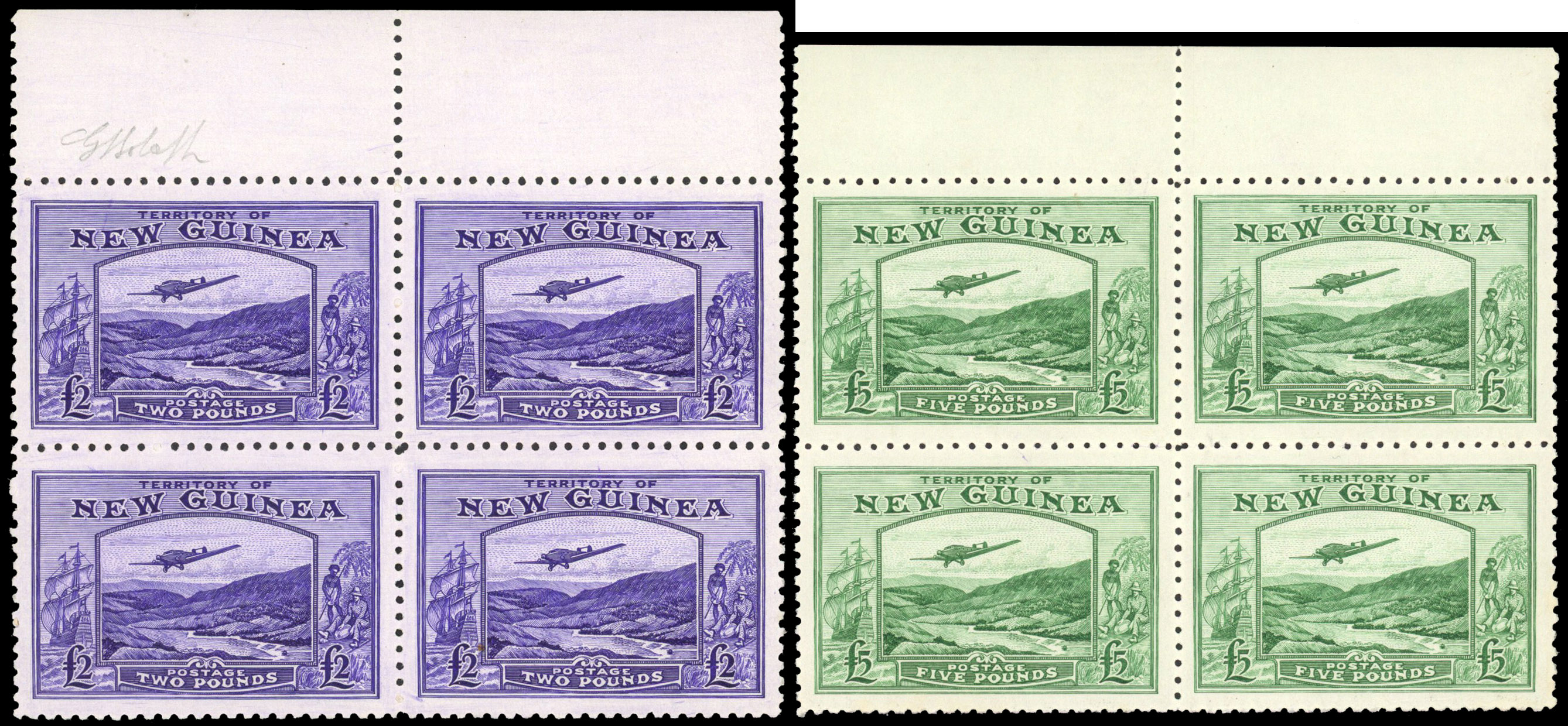 New Guinea SG 204/05 1935 Air £2, £5 blocks of 4 mint