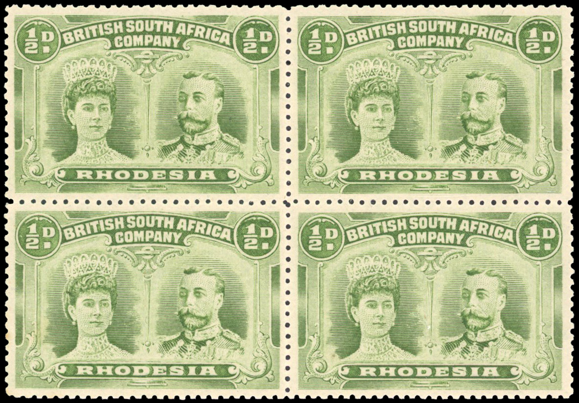 Rhodesia 1910-13 ½d apple green group perf 14 block of 4 unmounted