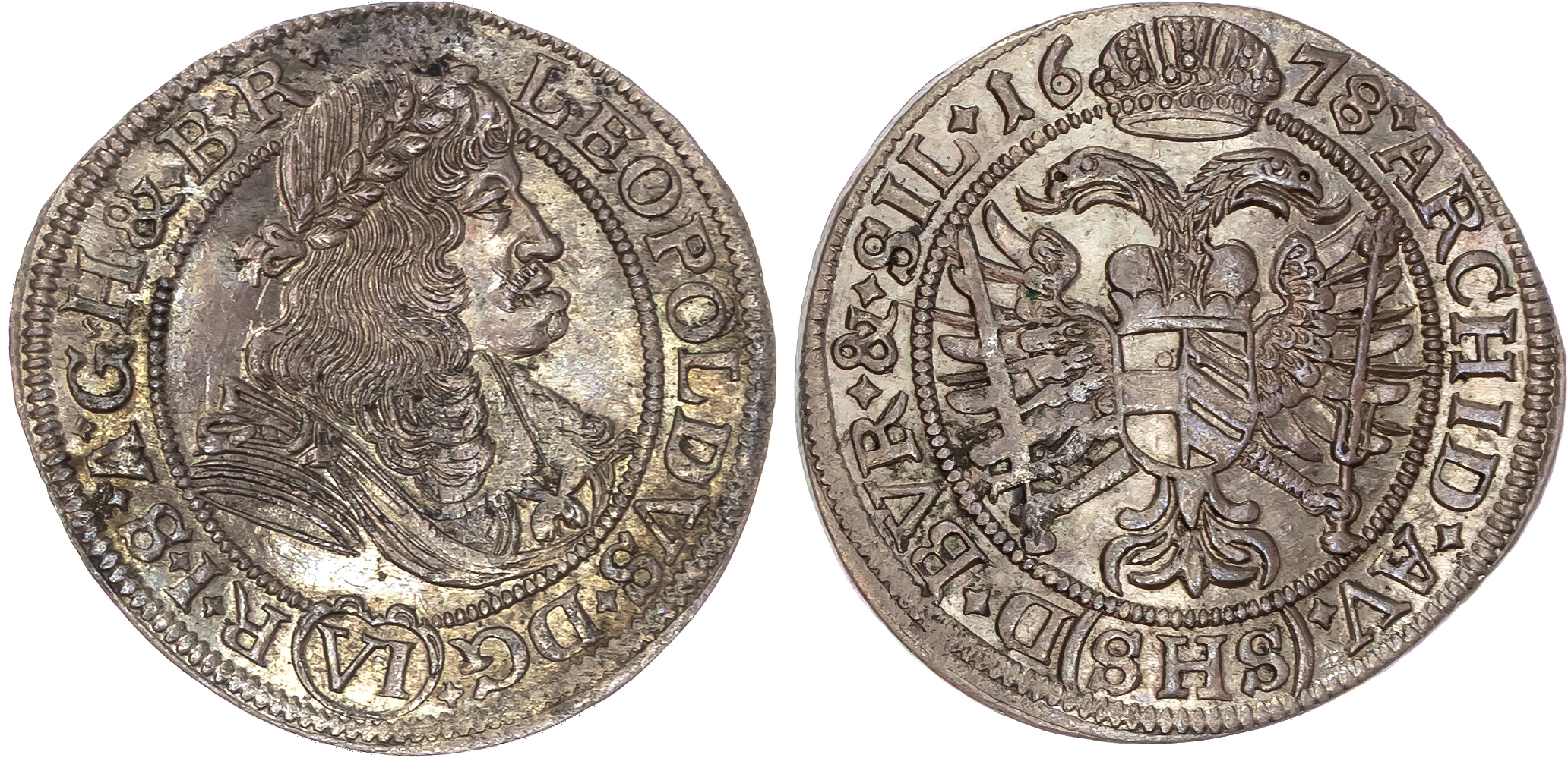 Austria , Silesia (under Habsburgs) , Leopold I (1657-1705), silver 6 Kreuzer, 1678 SHS, Breslau, 3.13g (KM 50…