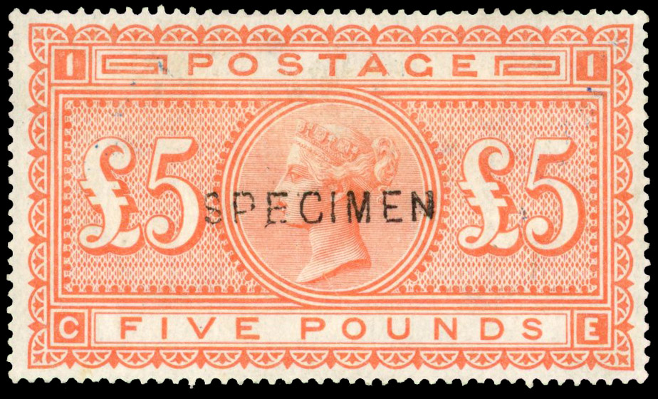 1867-83, Wmk Large Anchor, white paper, £5 orange (CE), overprinted ‘SPECIMEN’ (type 11)