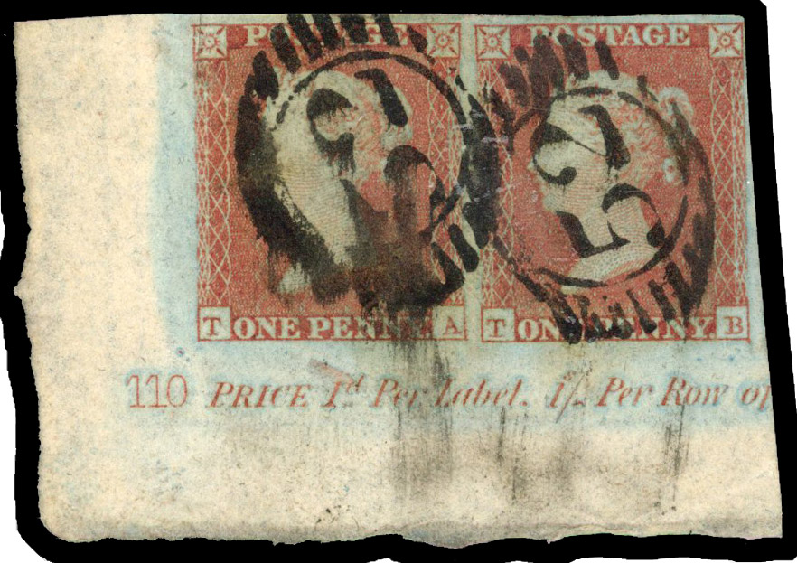 1841 1d Red-brown Pl.110 (TA-TB). corner pair plate number