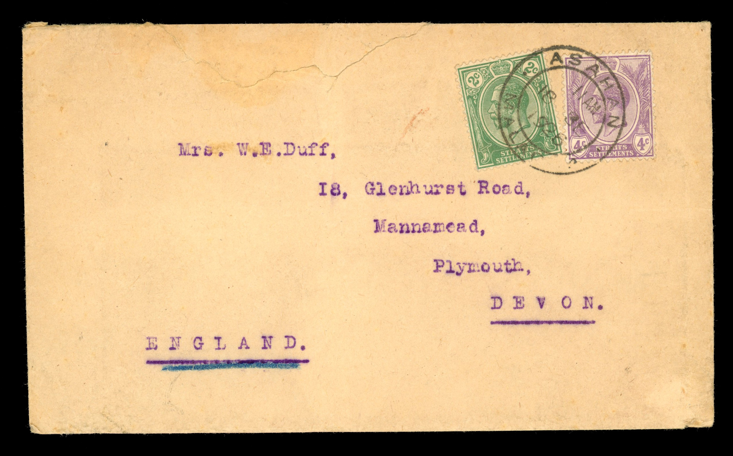 Malaya - Malacca 1926 cover to England franked with 2c, 4c neatly tied by Asahan double-ring ds,