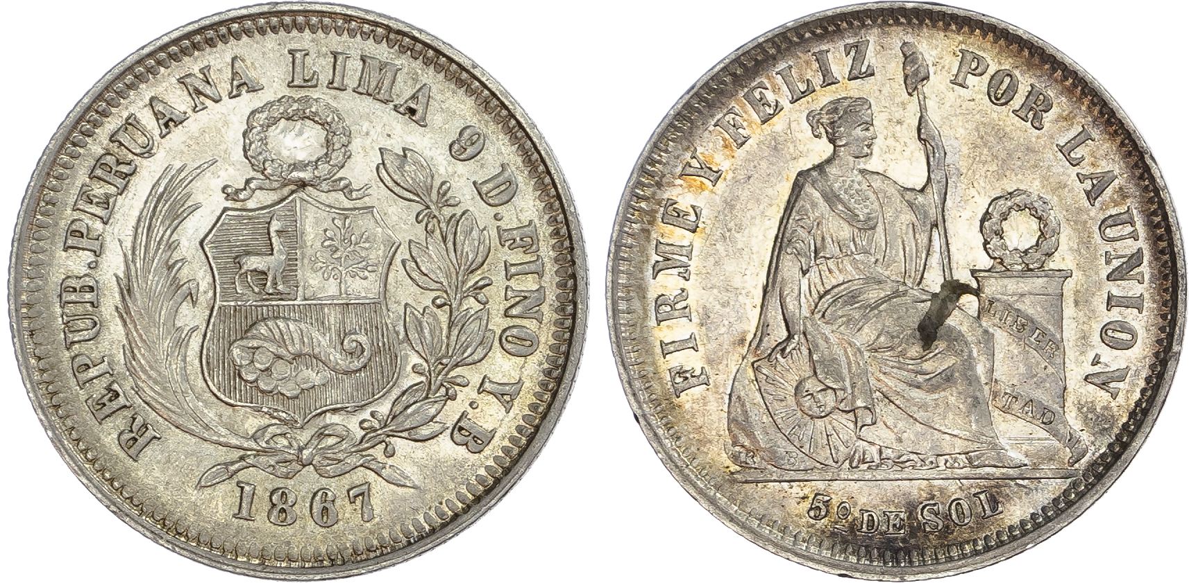 Peru. Republic AR 1/5 Sol. 1867 YB.