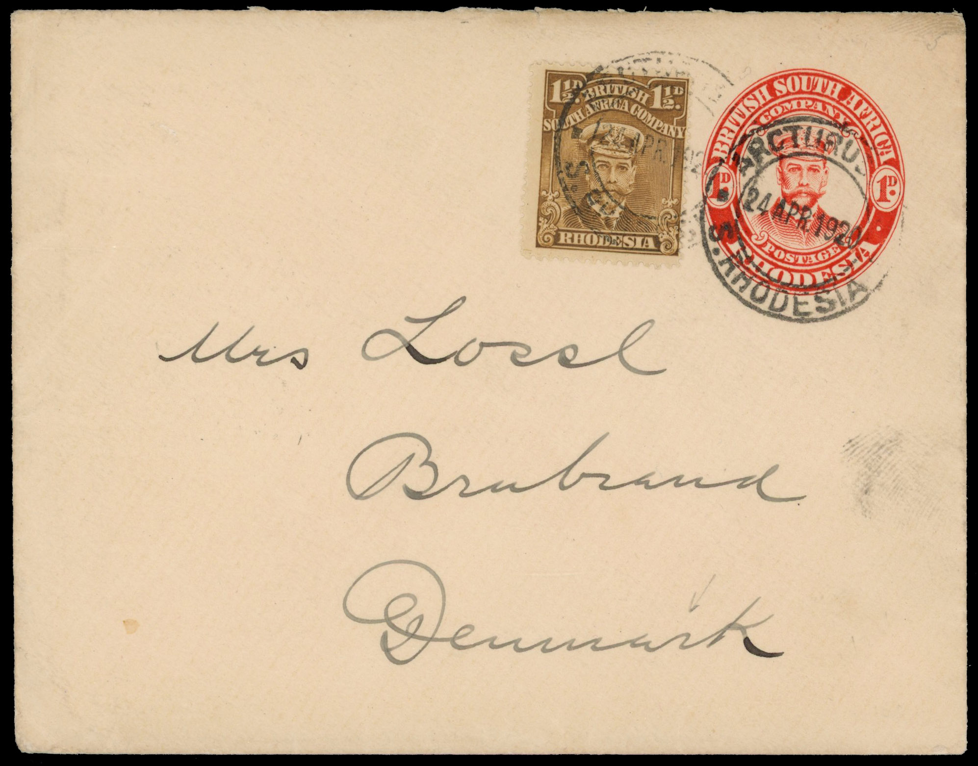 Rhodesia 1920 1d postal stationery envelope to Denmark, uprated