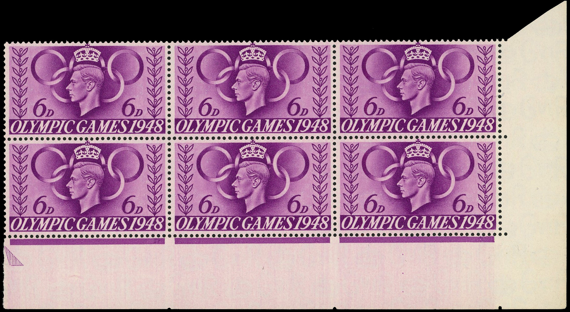 GB SG 497 1948 6d Olympics 'HLP' block mint