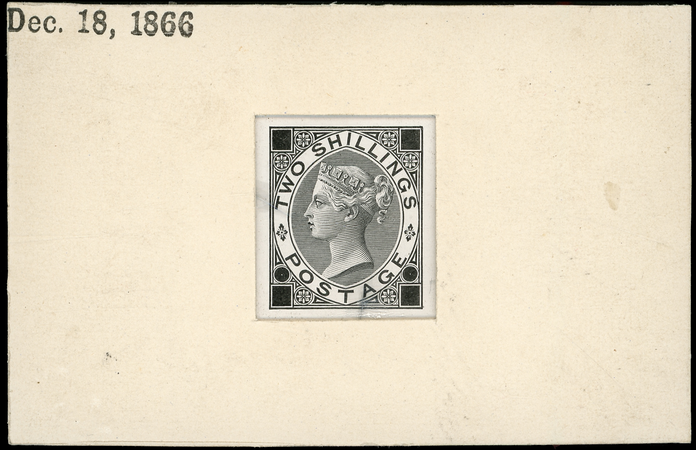 1866 2s Die proof printed in black on white glazed card