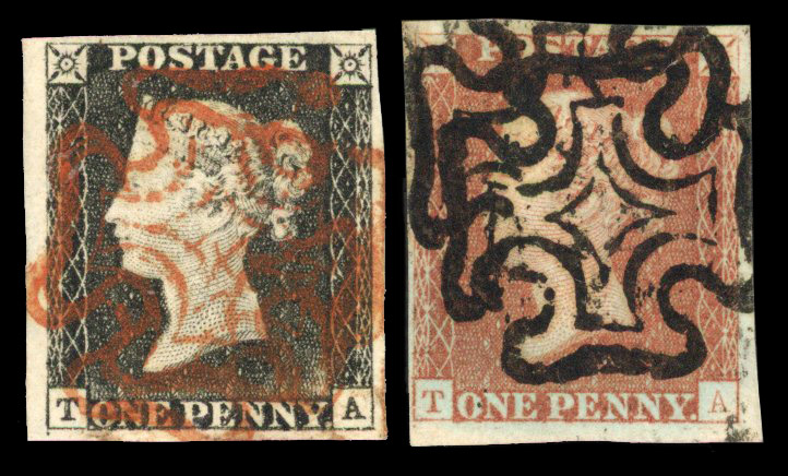 1840 1d black, plate 3 (TA), four good to huge margins, matched with 1d red-brown
