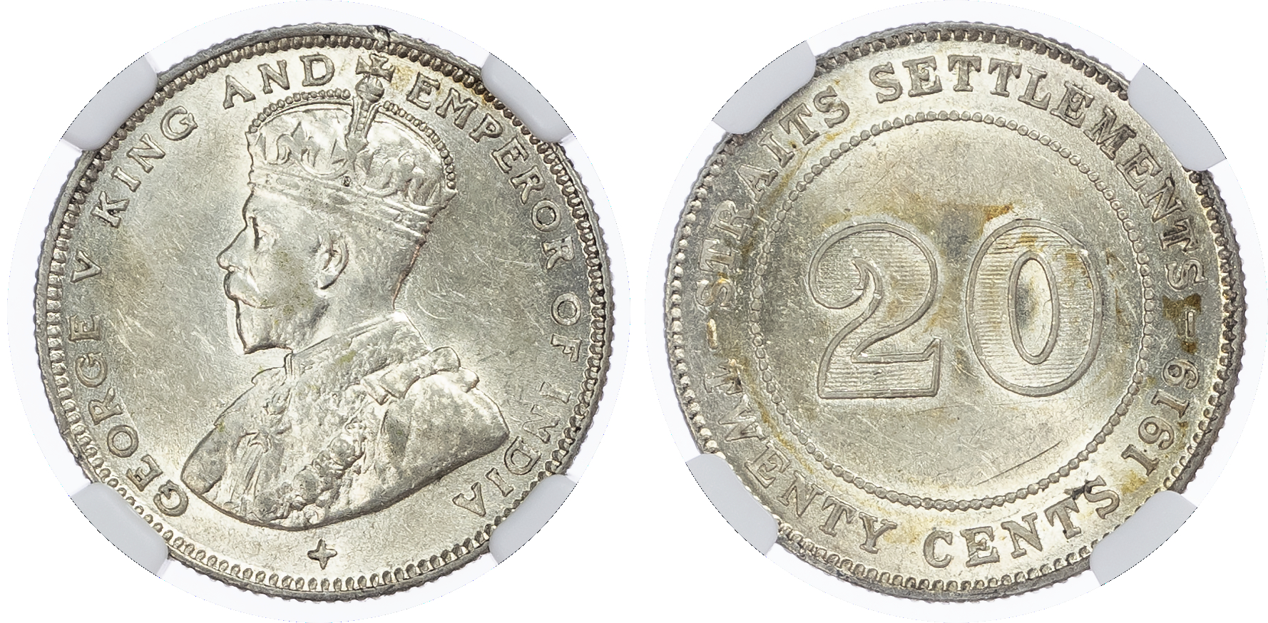 Straits Settlements, British Malaysia. George V AR 20 Cents. 1919B.