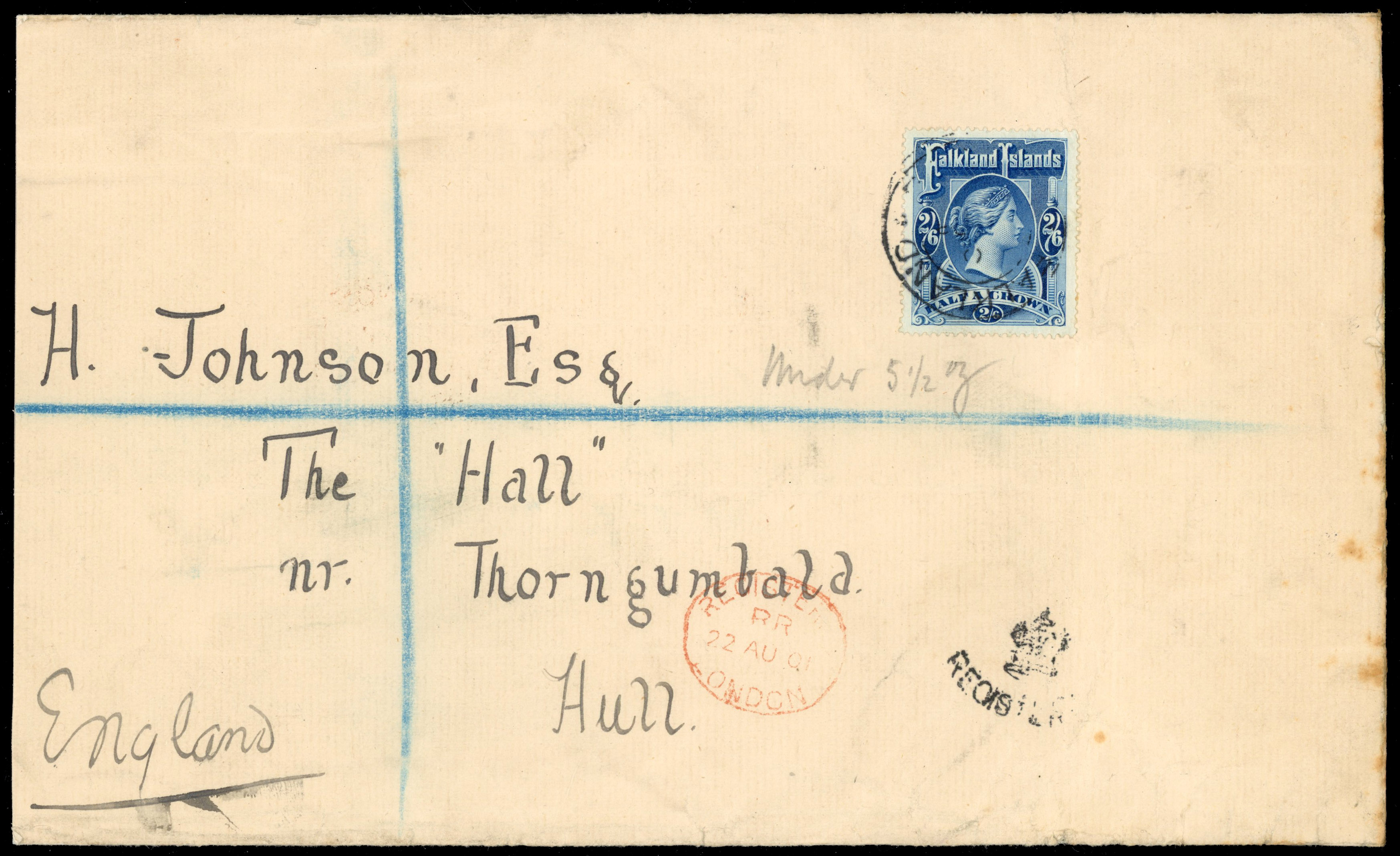 † Falkland Islands 1898 2s6d deep blue on commercial cover