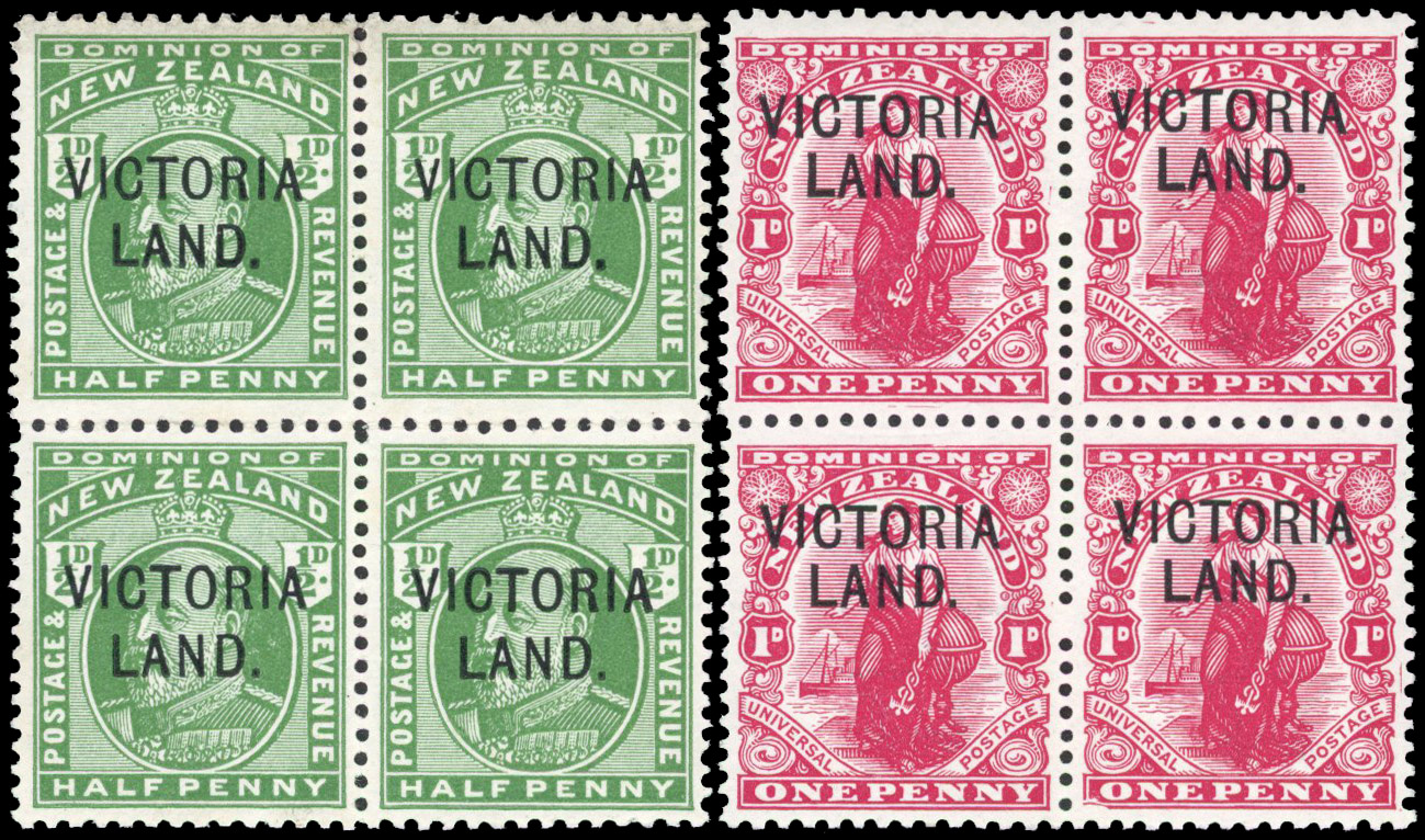 New Zealand Antarctic Expeditions SG A2/A3 1911-13 Victoria Land ½d, 1d blocks of 4 mint