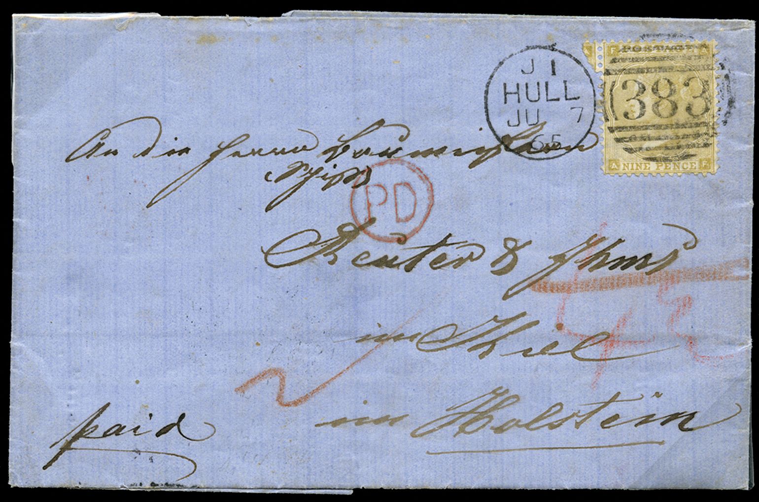 1865 Overseas Mail. Very fine entire from Hull to Kiel endorsed "Via Holstein", prepaid at the 9d per ½oz rate by a 9d...