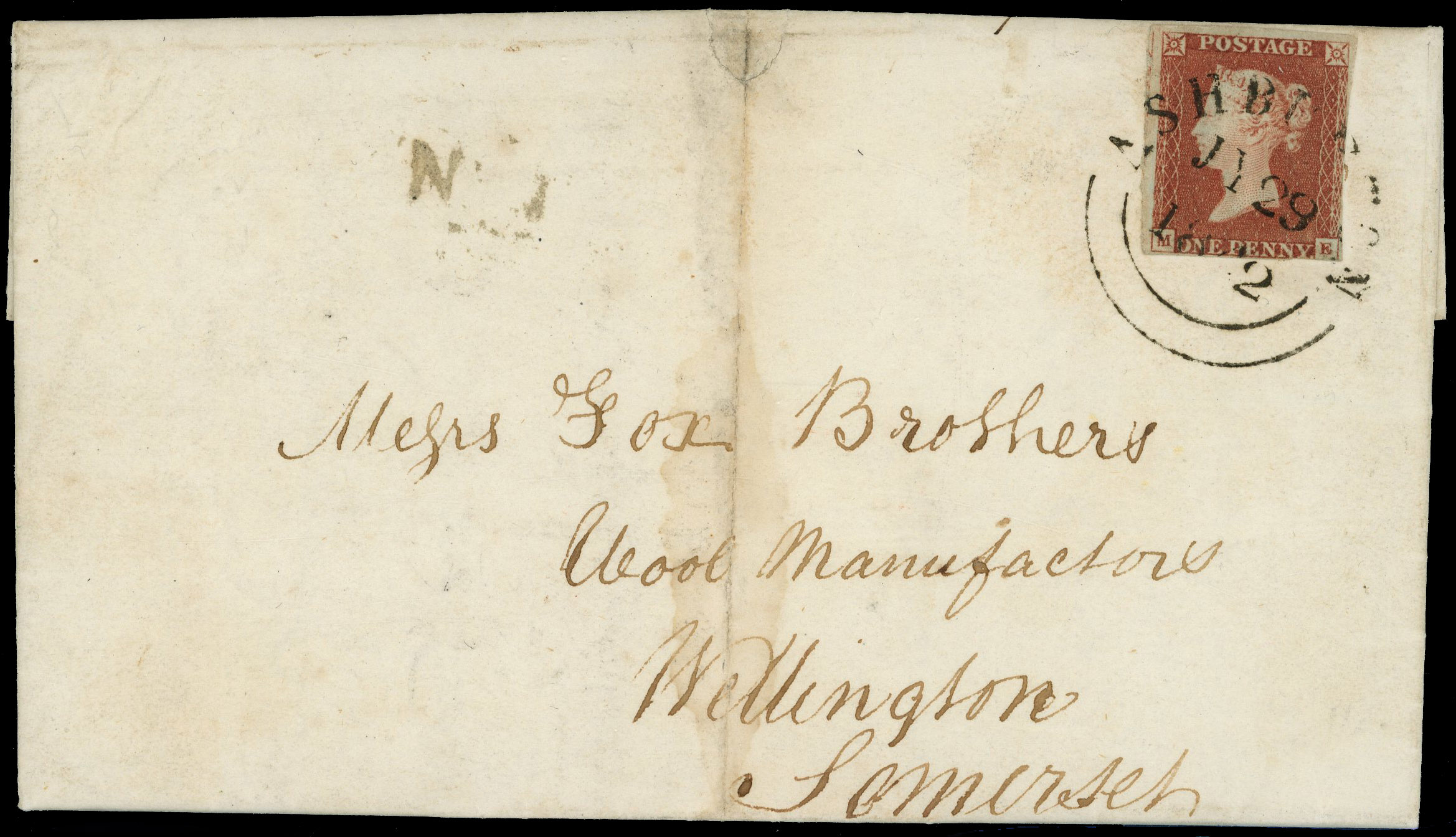 1841 1d Red-brown Pl.19 (ME). Ashburton ‘Wessex’ datestamp