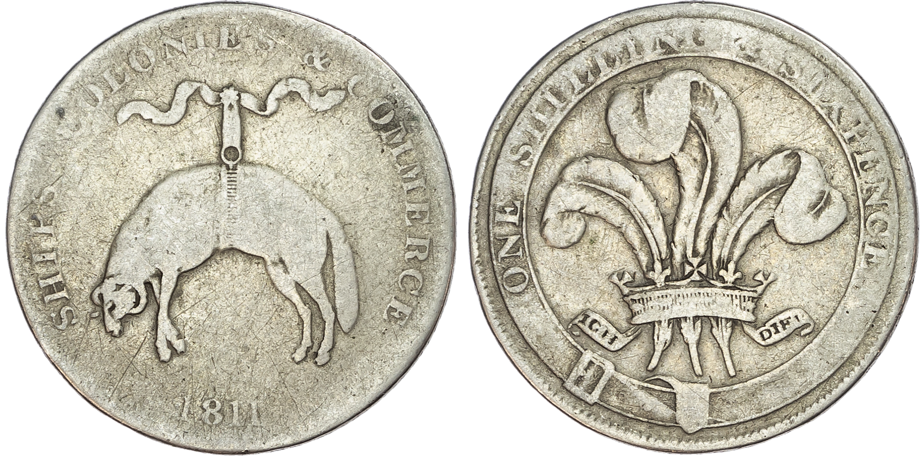 Not Local. Ships Colonies & Commerce, silver eighteen pence, 1811.