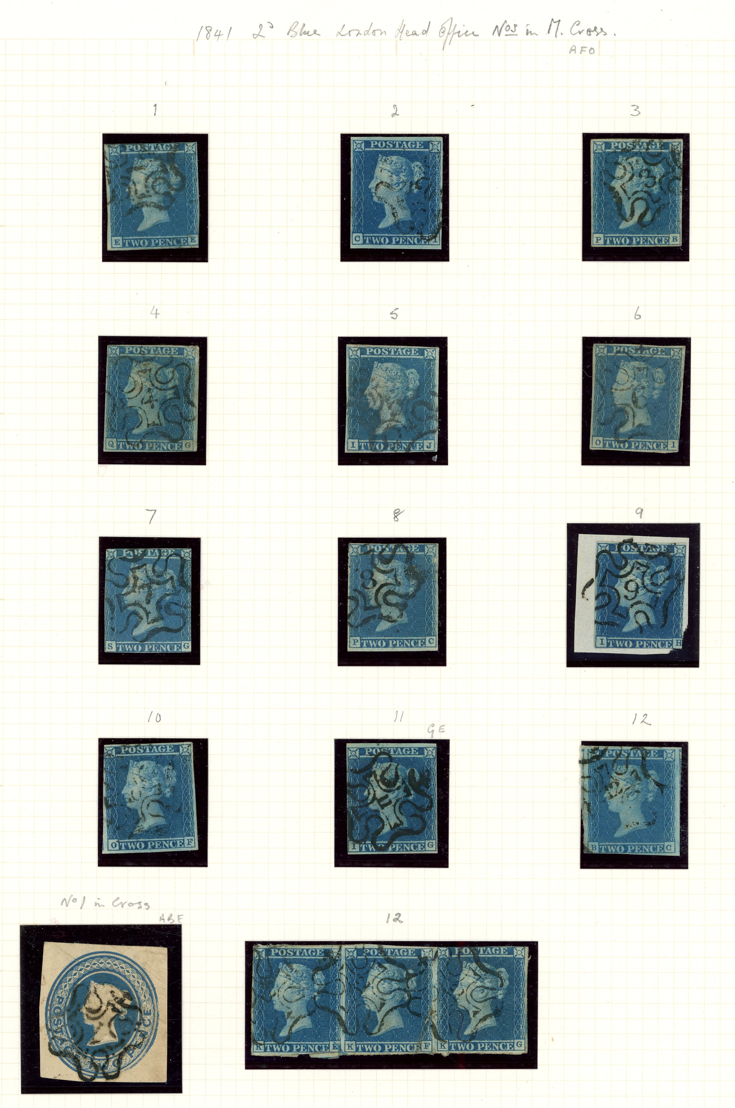 1841 2d Blue Pl.3 & 4. Wonderful group of twelve 1841 2d's cancelled