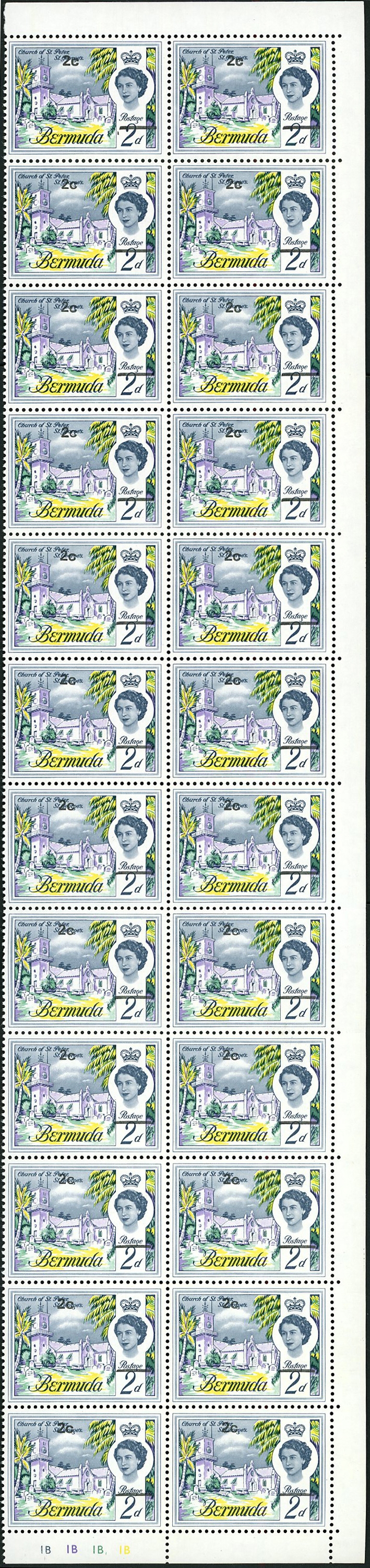 Bermuda 1970 Decimal Currency 2c on 2d Plate 1B block of twenty (2x10) from the right of the sheet, the lower four rows...