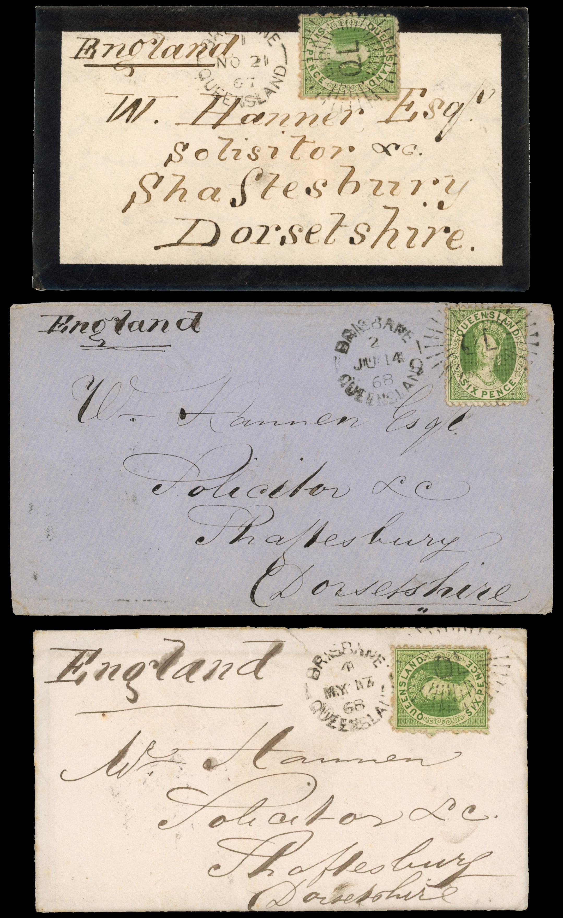 Australian States Queensland 1867-68 five 6d covers Brisbane to Shaftesbury, UK