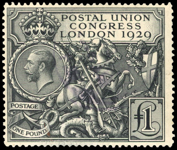 GB: 1929 £1 black Postal Union Congress, light central cds fine used. SG 438