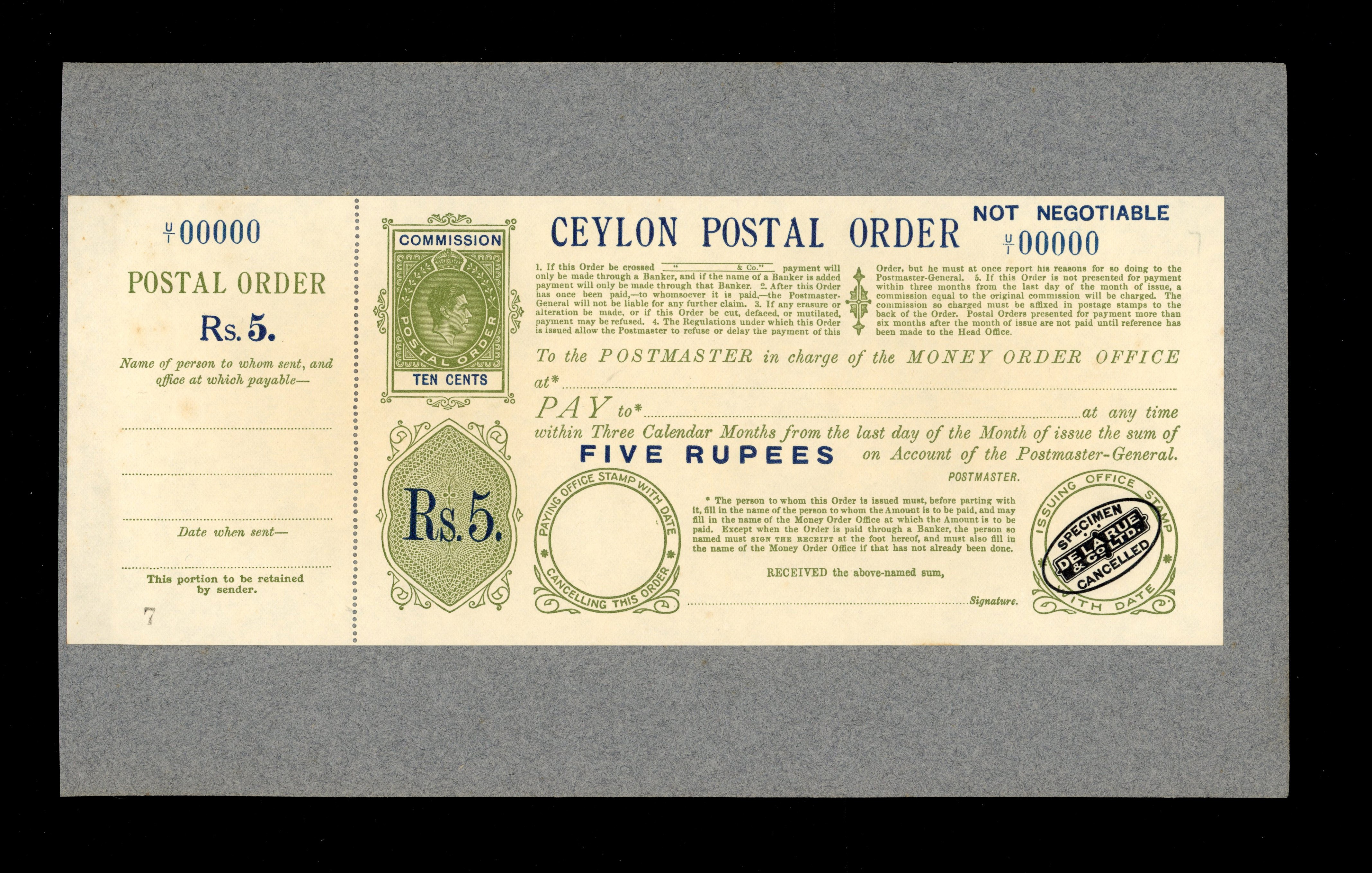 Ceylon 5r Postal Order De La Rue Proof