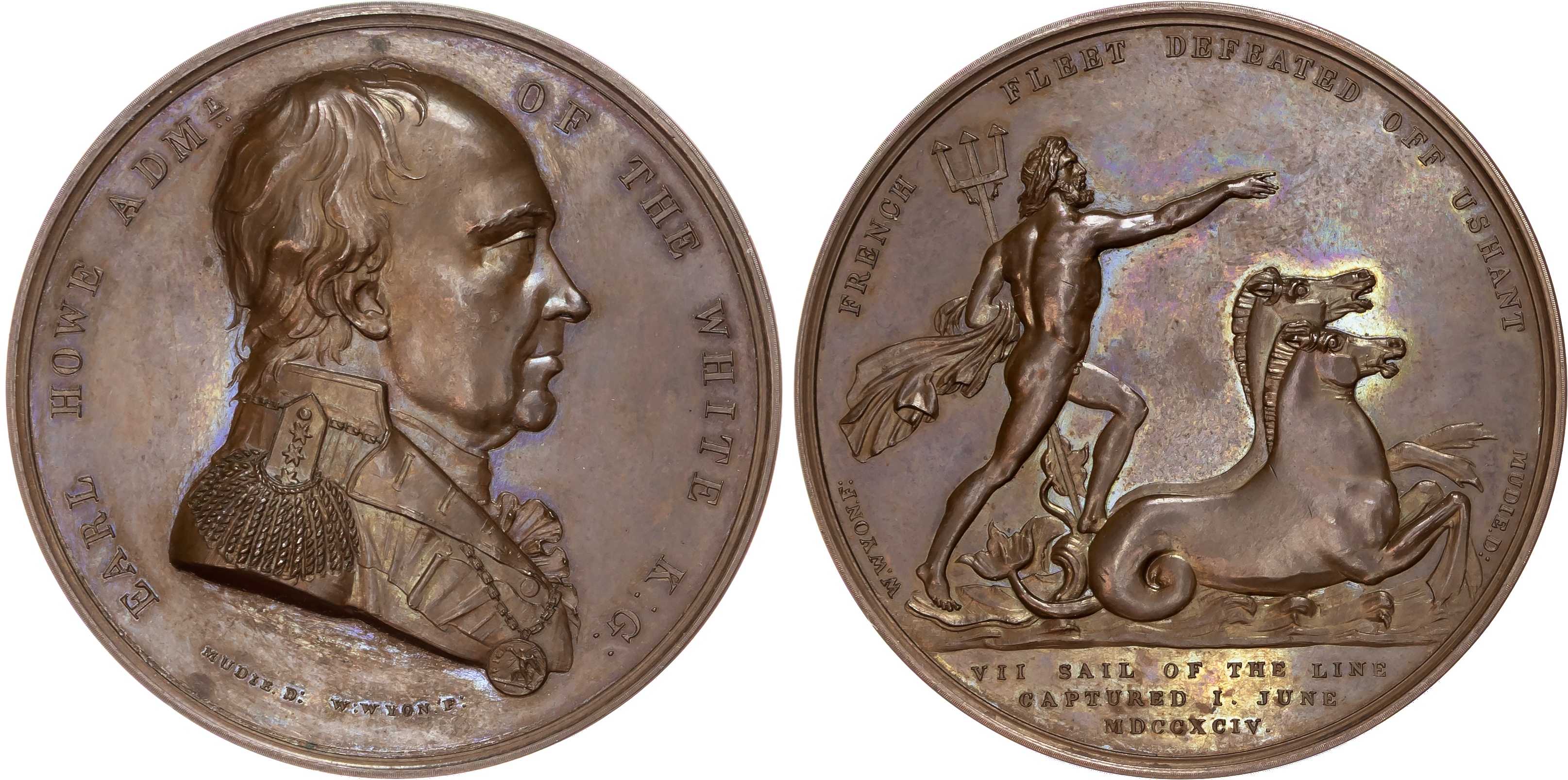 French Fleet defeated off Ushant, Earl Howe, 1st June 1794, AE medal (1820) by W. Wyon for Mudie's British Victories Series.