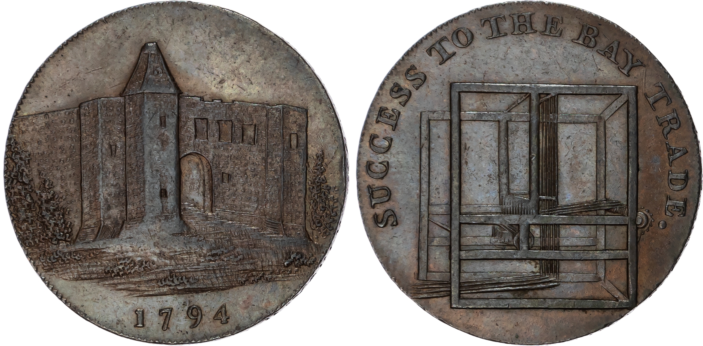 Essex. Colchester , Charles Heath (Bay maker) Halfpenny 179, View of Colchester castle, rev. Box loom, edge PA…