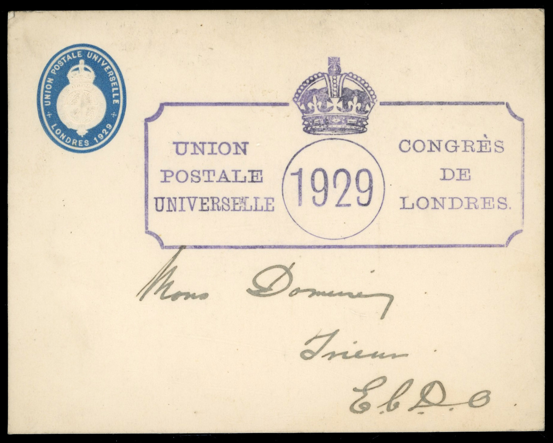 GB 1929 UPU Congress imprinted card with violet handstamp