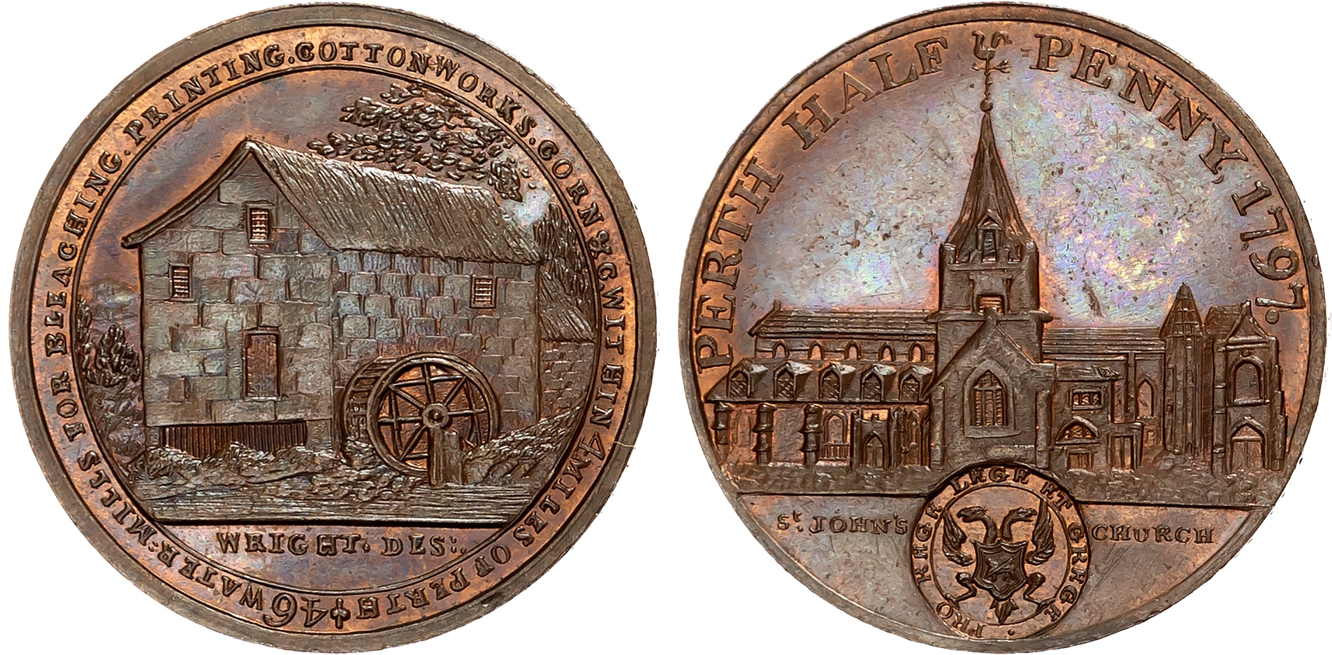 Perth. Perth, John  Ferrier (hosier), Wright’s Halfpenny 1797, view of St. John’s Church, town arms below, rev . a water …