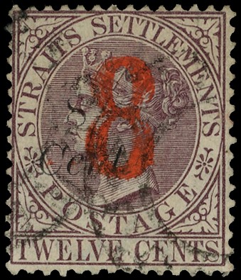 1894 '8' on 8c on 12c brown-purple with the large (Type 24) '8' surcharge double, part of two quite neat CDSs. Fine...