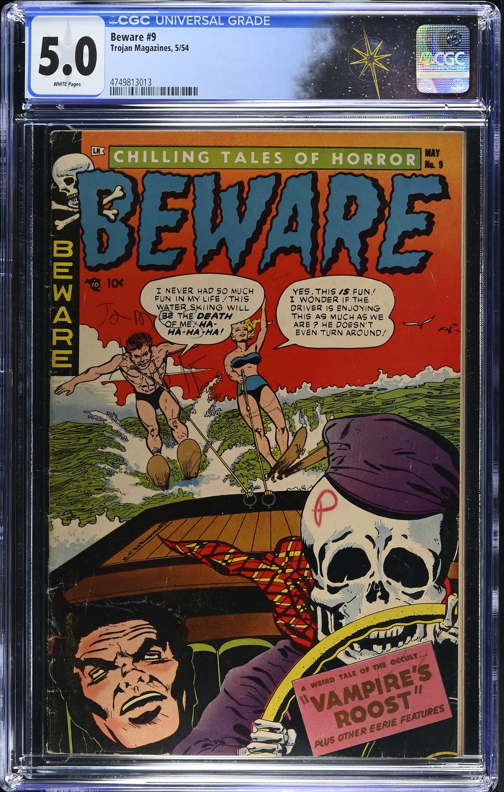 Beware #9 CGC 5.0 Skull Cover by A. C. Hollingsworth (Trojan Magazines, 1954) White Pages