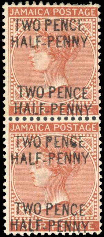 Jamaica 1890-91 2½d on 4d red-brown, vertical pair, showing error surcharge double SG 30b