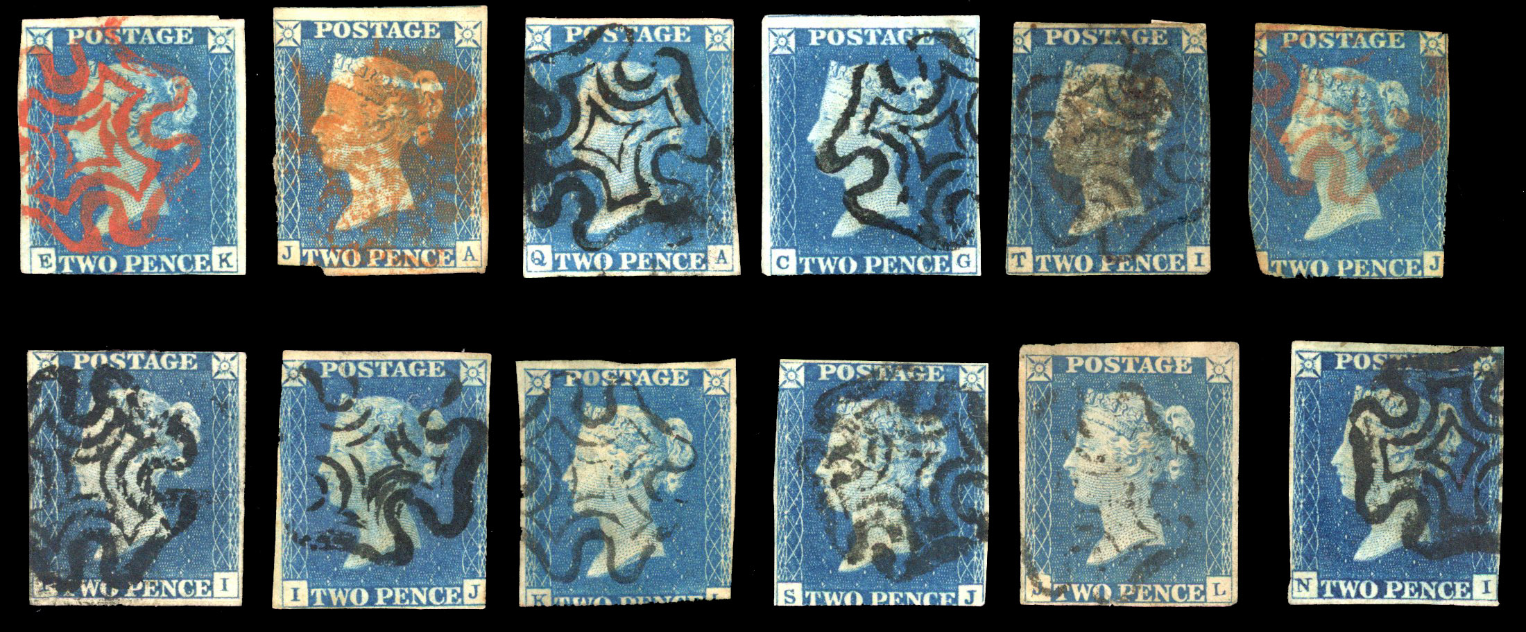 1840 2d blue unplated selection of twelve stamps all cancelled with red or black MC
