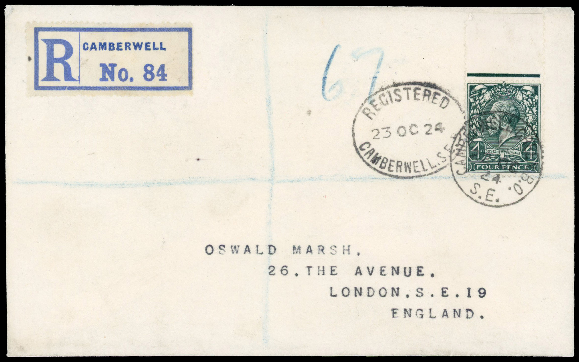 1924 4d Grey-green (Wmk. Block Cypher). Superb 'Marsh' registered envelope FDC