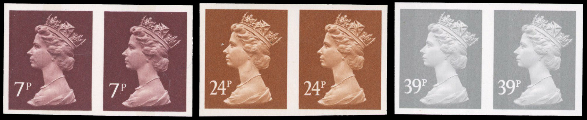 GB: 1977 7p purple-brown (1 centre band), 24p chestnut and 39p grey (2 bands) all horiz imperforate pairs, unmounted o.g.