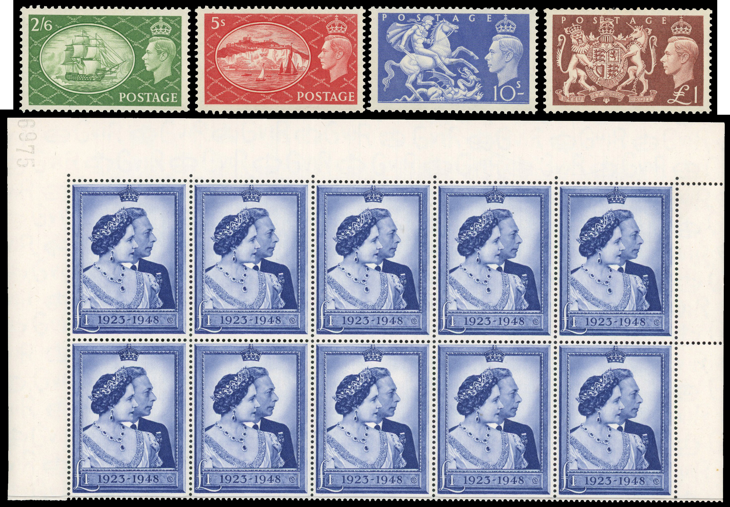 1948 £1 Royal Silver Wedding block of 10, the top two rows of a sheet plus 1951 Festival set to £1, fine unmounte