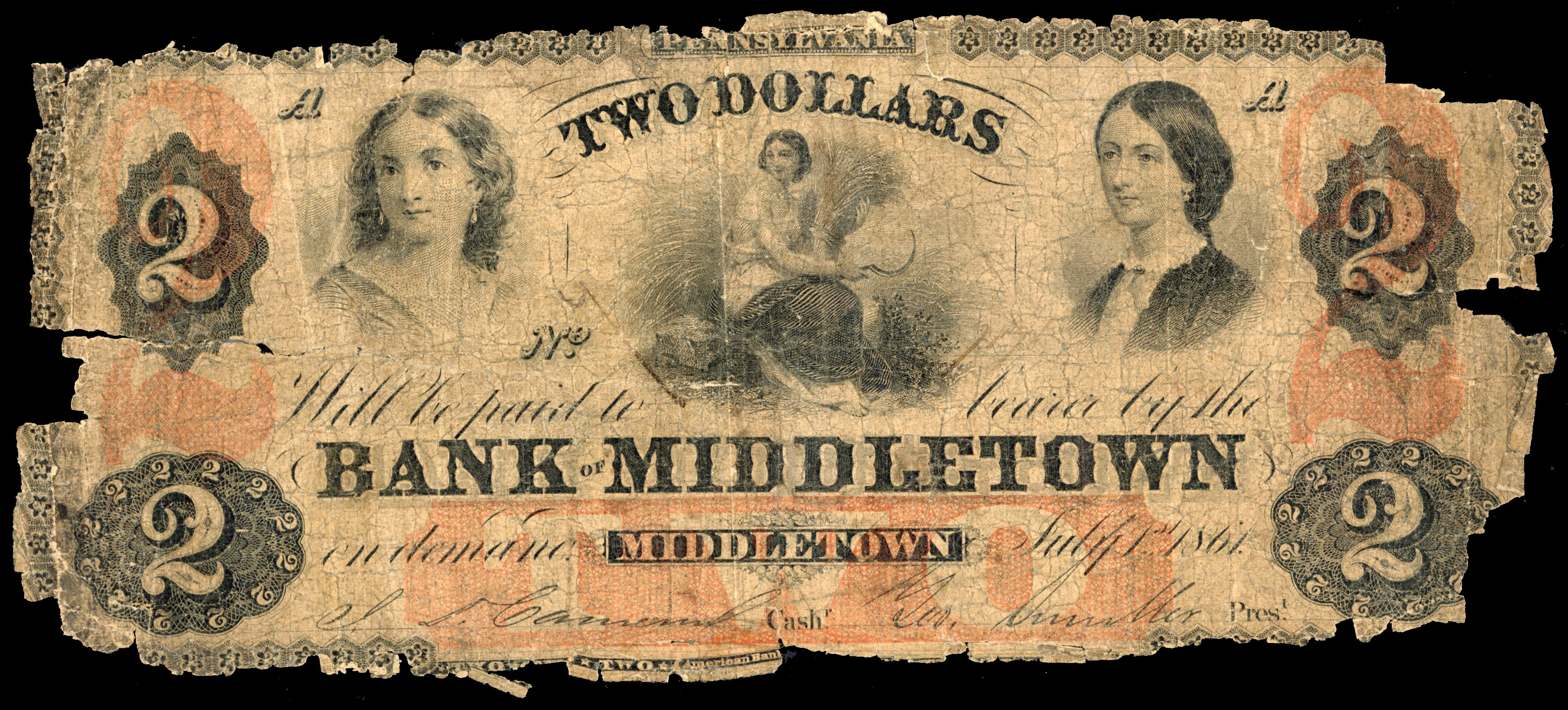 USA, PA. Middletown, Bank of Middletown, Uniface Two Dollars, 1 Jul 1861. Poor and ragged with repair to back.…