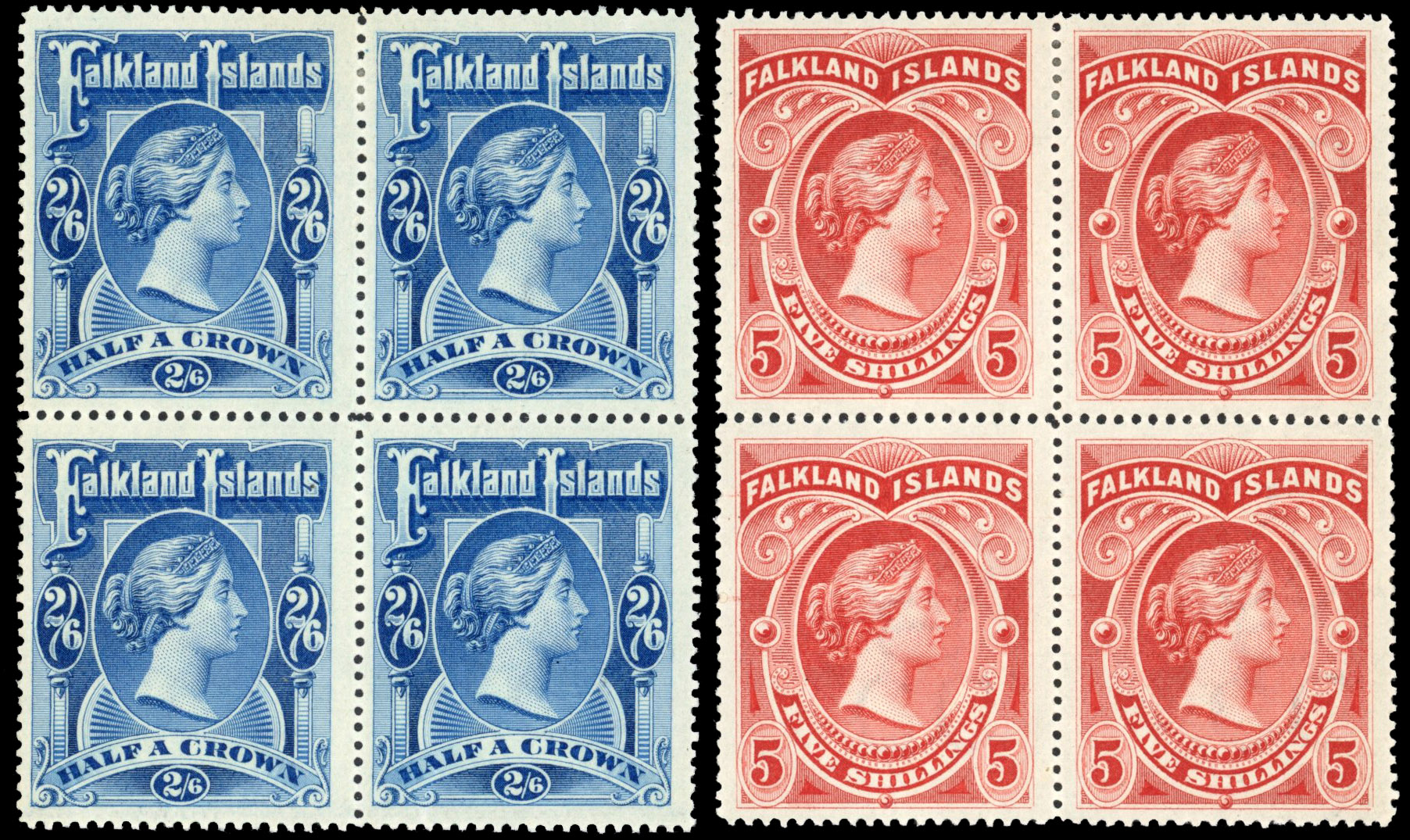 Falkland Islands SG 41-2 1898 2s6d deep blue and 5s red mint blocks of four