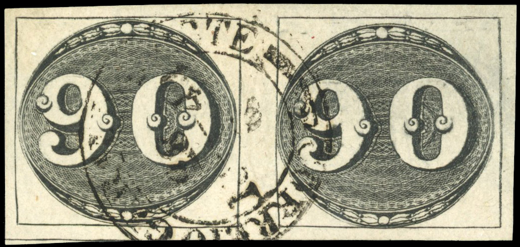Brazil Bull's Eye 1843 clear impression 90r horizontal pair used