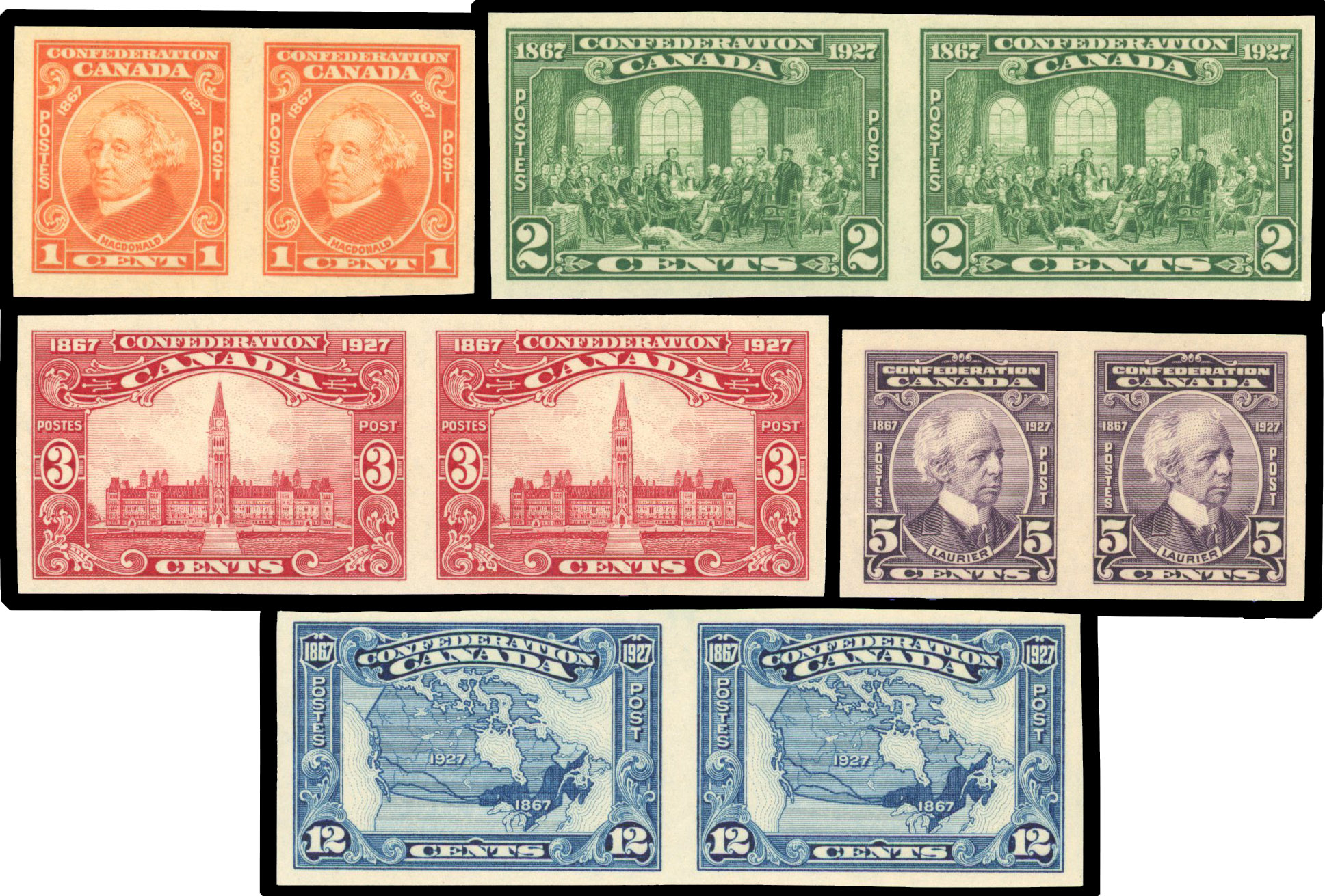 Canada 1927 Confederation issue IMPERFORATE PAIRS unmounted SG266/70var