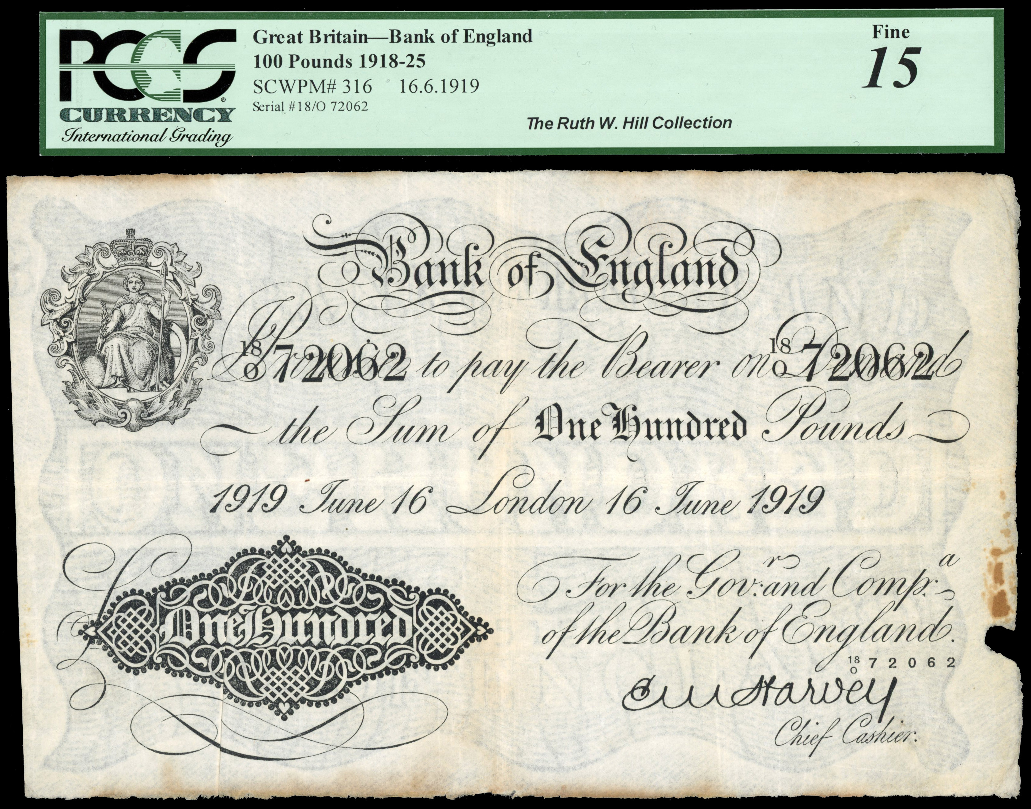 Bank of England, E M Harvey, White One Hundred Pounds, London, 16 June 1919, 18/0 72062 (Dugg. B209e). Fine, w…