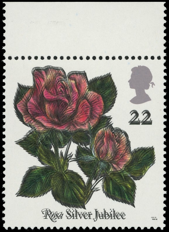 Great Britain 1991 Roses 22p, top marginal single variety ‘black printing double’, fine unmounted mint. SG...