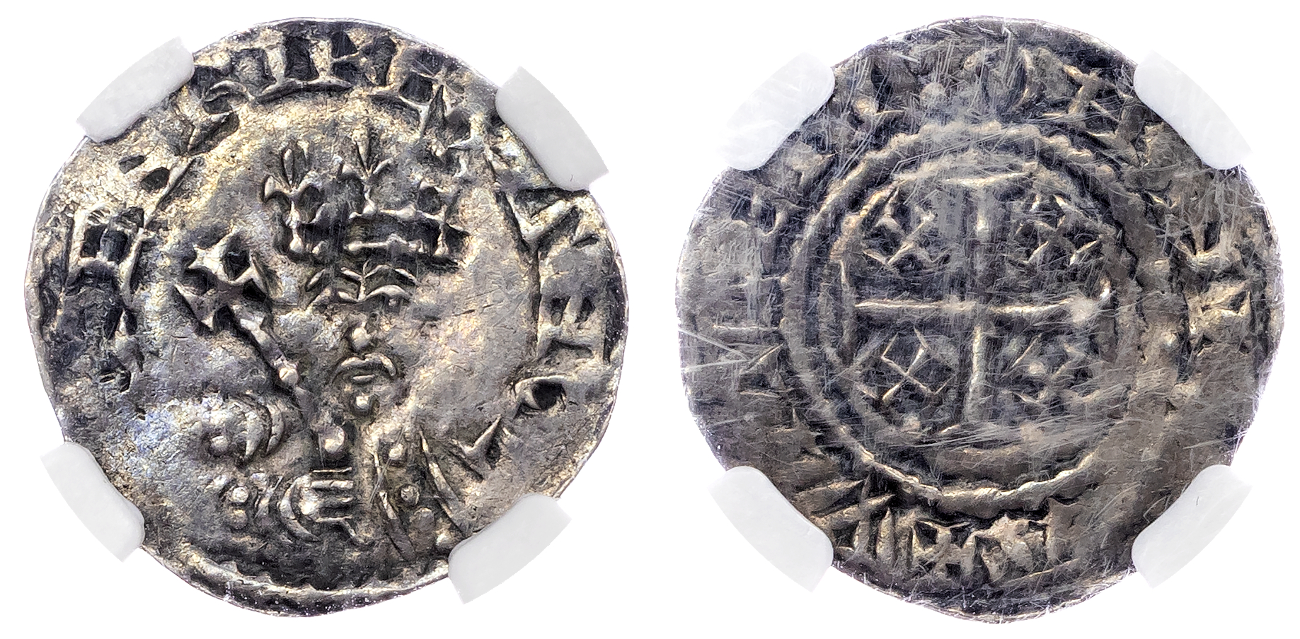Henry II (1154-1189), AR Penny, Cross and Crosslets type, bust A (1158-c. 1163), Newcastle mint, Willem as moneyer. NGC XF45.